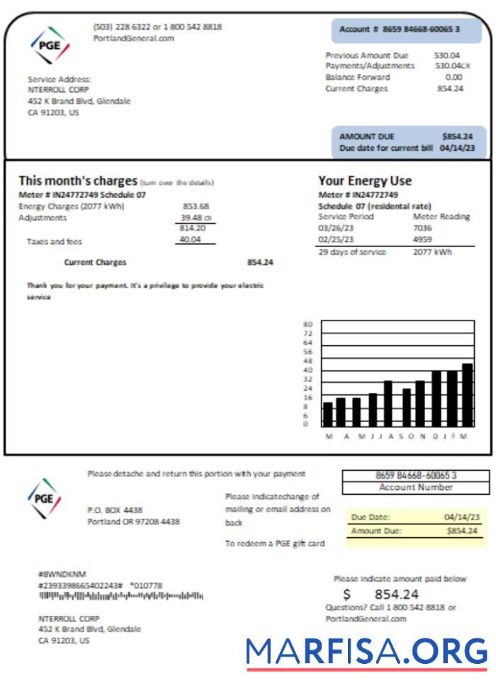 Printable Oregon PGE electricity utility business bill, SCR real example